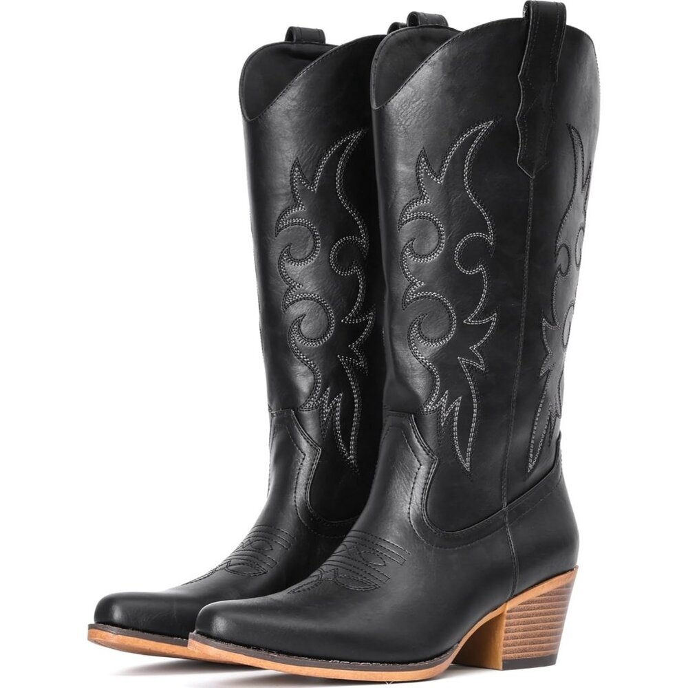 Women's Black Western Cowgirl Boots Mid Calf Snip Toe Boot With Chunky Heel